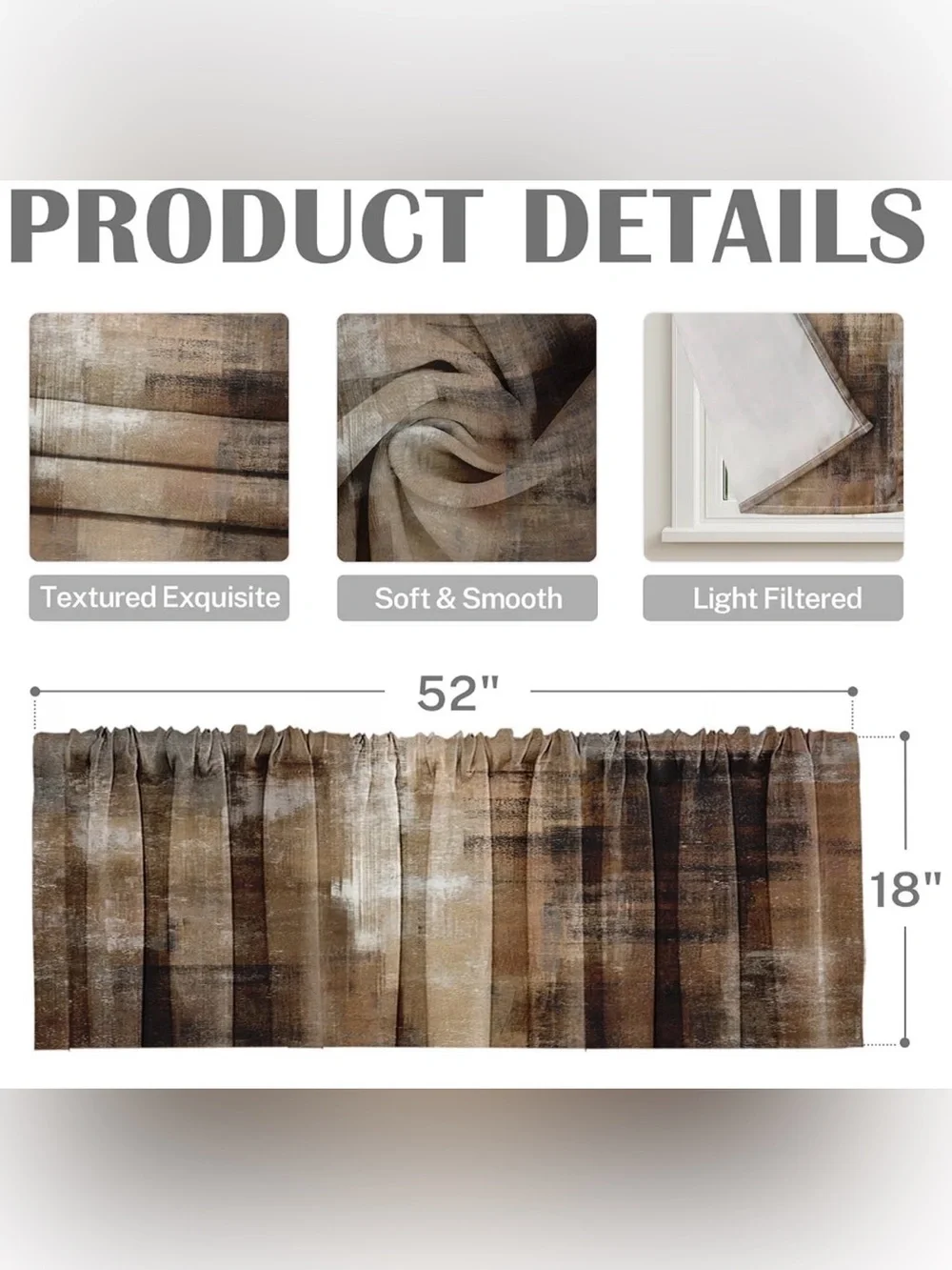 Rustic Satin Abstract Art Dark Brown Blackout Valances 54”Wx18”H (2 Panels) NWT